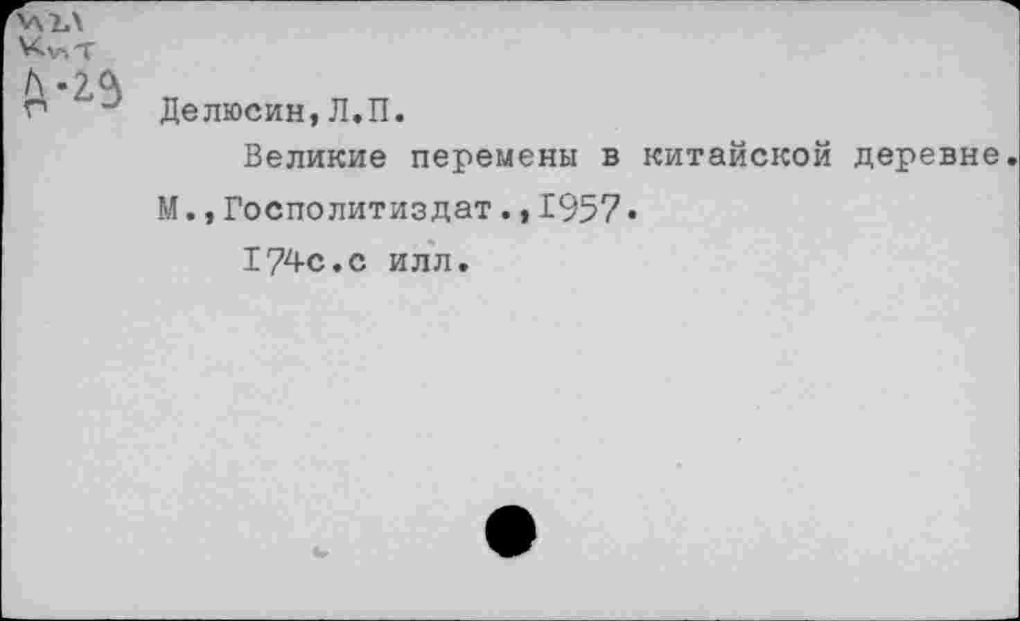 ﻿2,а
Делюсин, Л.П.
Великие перемены в китайской деревне.
М.,Госполитиздат.,1957•
174с.с илл.